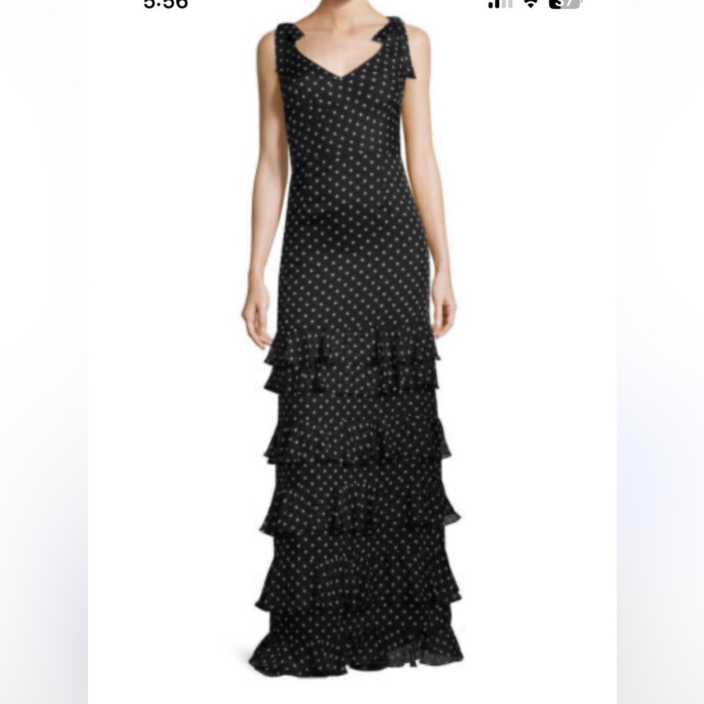 Mikael Aghal polka dot ruffle silk maxi dress gown size 10